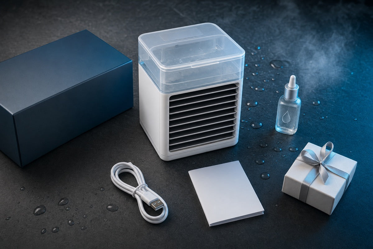 Tudo o que leva: TecniCool, cabo USB, essencia fresca e presente